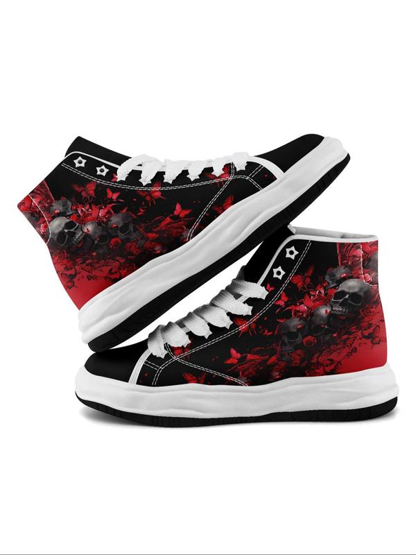 Women's Floral & Skull Print Lace Up High Top Canvas Sneakers, Fashionable Skull Pattern Shoes for Daily Wear, Casual Comfortable Sports Shoes for Women & Girls 7