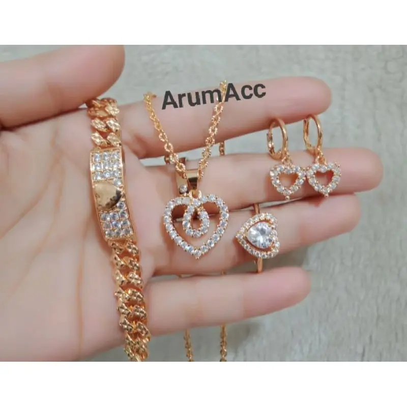 SET PERHIASAN WANITA DEWASA MOTIF LOVE TERBARU GOLD PERHIASAN WANITA AKSESORIS CANTIK MURAH ELEGAN