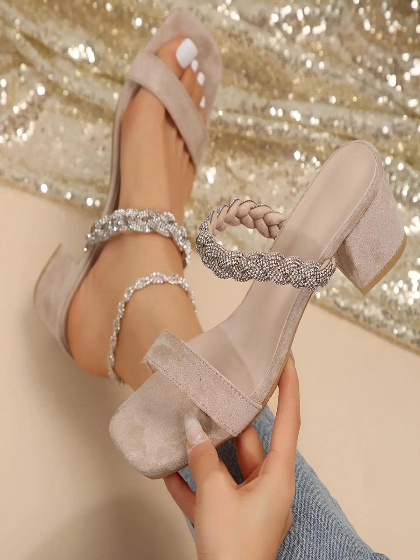 Women's Fashionable Rhinestone Decorated Cross Strap Sandals, Elegant Square Toe High Heel Sandals for Party, Daily Clothing Decor for Women & Girls, Summer