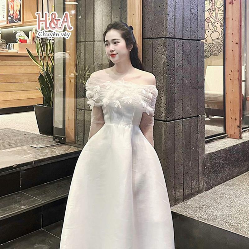 Váy đi tiệc - Váy trễ vai Lovely dángs dài tay ren lưới điểm hoa mặc cưới, cô dâu đi bàn, sự kiện H&A Dress Nữ