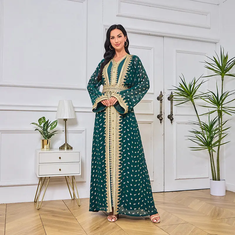 2025 Muslim Cardigan Vest Robe Gold Lace Elegant Graceful Dress Abaya 0
