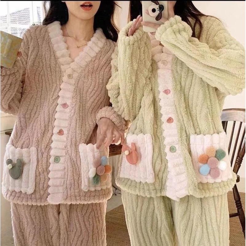 BỘ NGỦ LÔNG Nữ DÀI TAY MẪU PIJAMA HOA 2 MÀU SIÊU ẤM Mùa đông