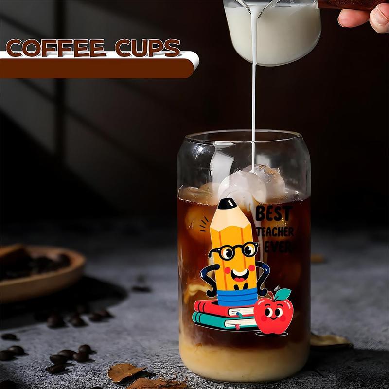 16oz Glass Cup with Straw & Brush, 1 Count Cute Cartoon Pattern Glass Cup, Drinking Cup for Home Office School, Gift for Teacher, Drinkware 2