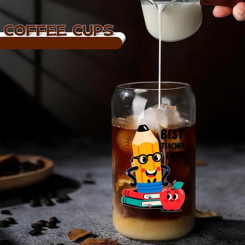 16oz Glass Cup with Straw & Brush, 1 Count Cute Cartoon Pattern Glass Cup, Drinking Cup for Home Office School, Gift for Teacher, Drinkware 2