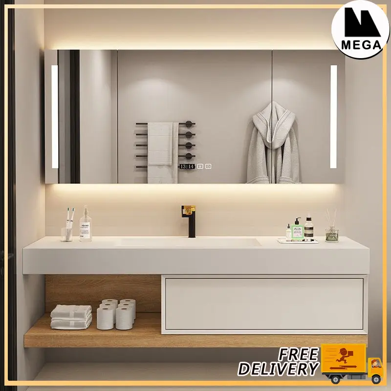 [Customized]Bathroom Vanity Cabinet Set Double-layer Sintered Stone Washbasin Cabinet Set Makeup Mirror Cabinet Free Tap and Pop Up Waste