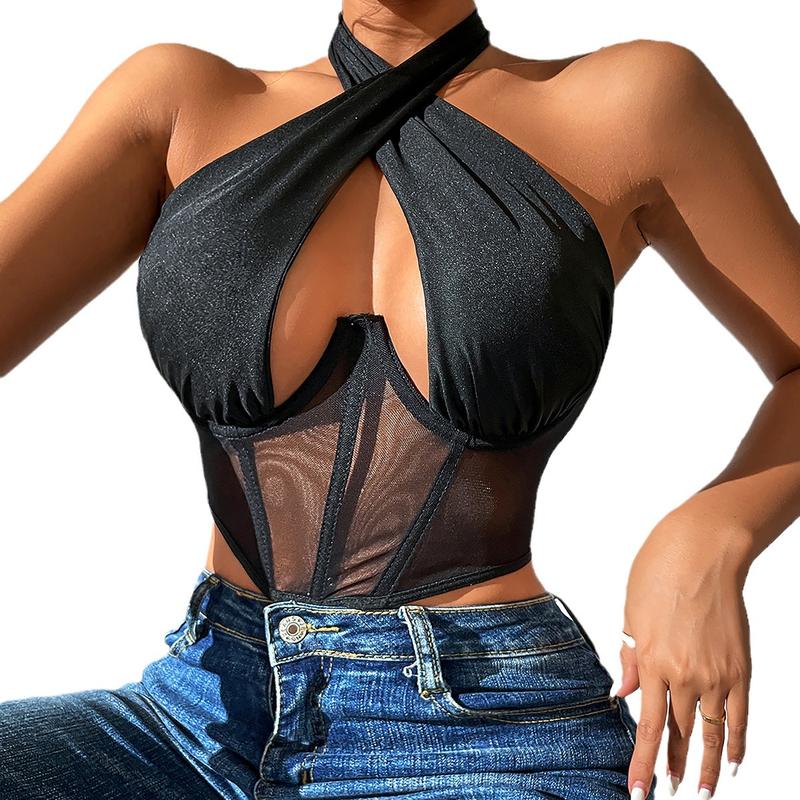Áo Vest Nhỏ Nữ Mùa Hè, Xuyên Biên Giới, Ren Ghép Nối, Cổ Yếm Cổ, Áo Ống Buộc Dây, Thiết Kế Xương Cá, Phong Cách Âu Mỹ 4