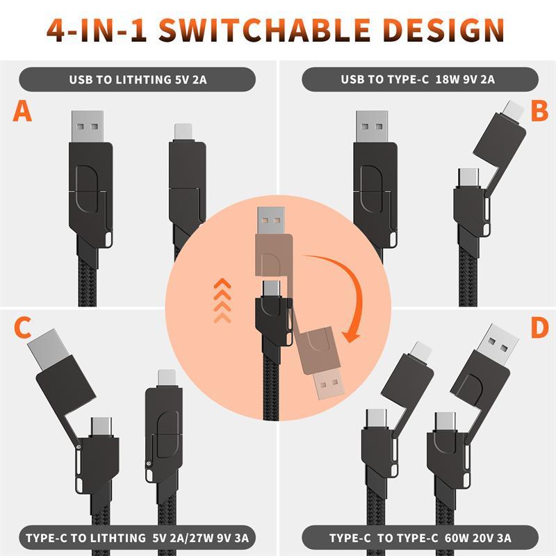 Portable 4 In 1 Type C 60W PD Fast Charging Cable, 1 Count Keychain Charging Cable PD Fast Charging Portable Compatible with TYPE-C60W Apple 27W Data Cable, Charger Connector, USB Cord, Electronic 2
