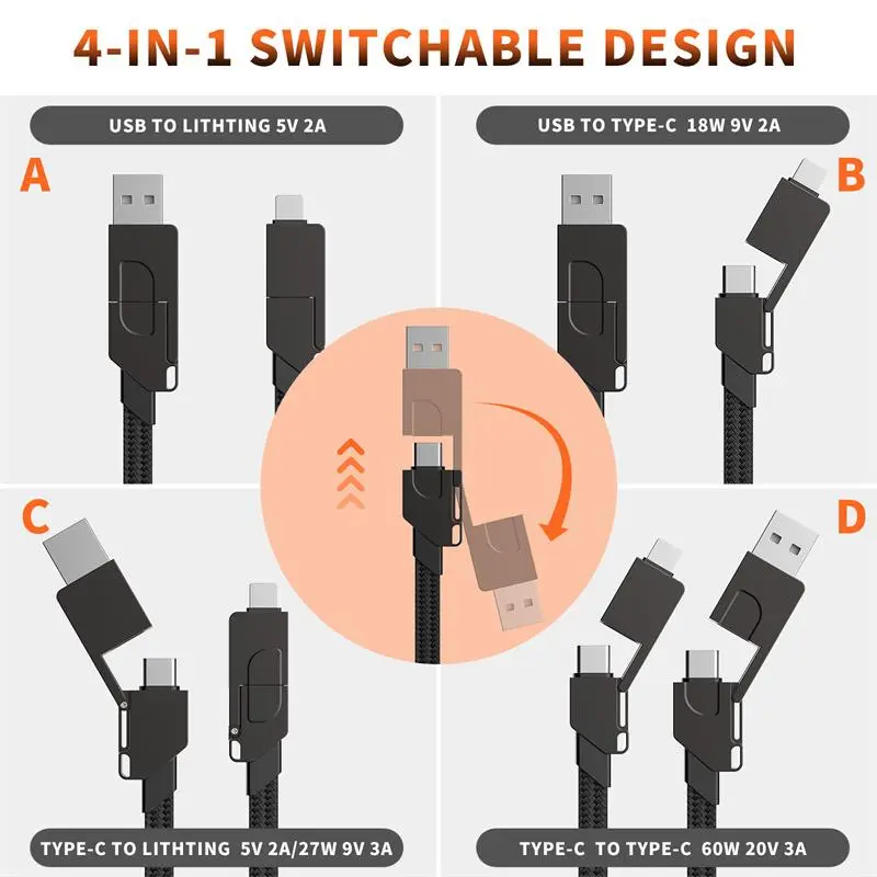 Portable 4 In 1 Type C 60W PD Fast Charging Cable, Keychain Charging Cable PD for TYPE-C60W Apple 27W Data Cable, Quick Charger Connector, USB Cord, Electronic, Cellphone Accessories 2