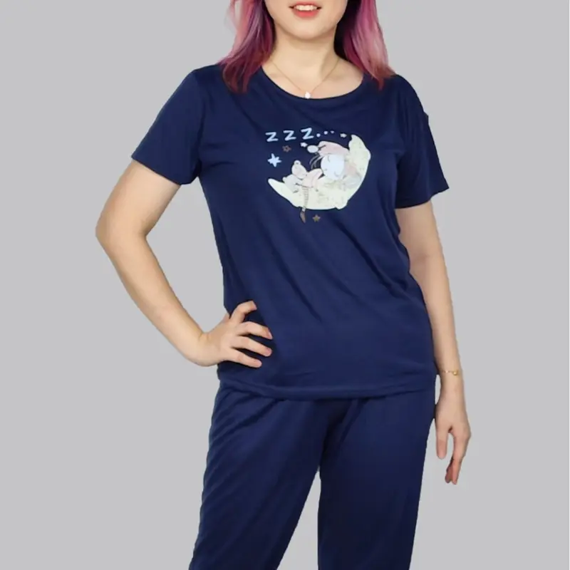 BAJU TIDUR WANITA SETELAN KAOS, PRINT KARAKTER LENGAN PENDEK 2