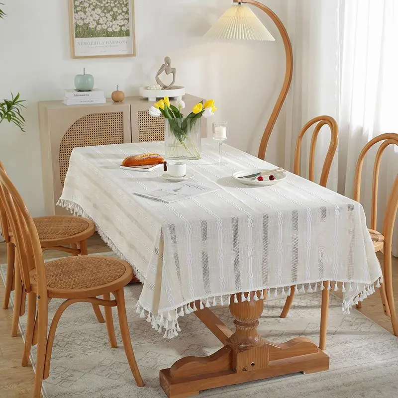 Hollow Out Tassel Jacquard Striped Tablecloth, 1 Count Simple Tablecloth, Table Decoration Supplies for Restaurant, Wedding, Festival & Party