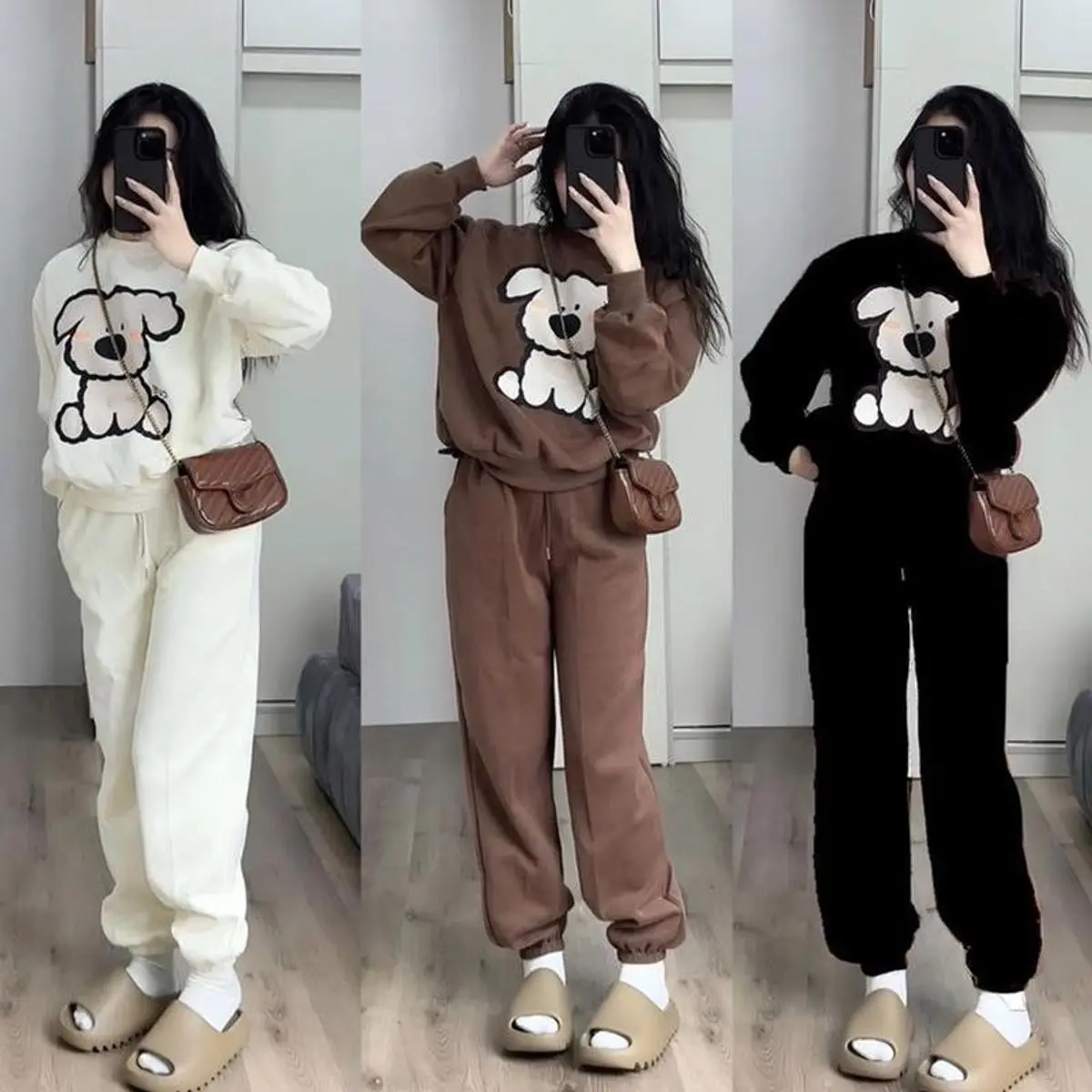 Bộ Đồ Nữ Áo Dài Tay Hình Cún Mix Quần Dài Ống Boom Chất Nỉ 2 Da