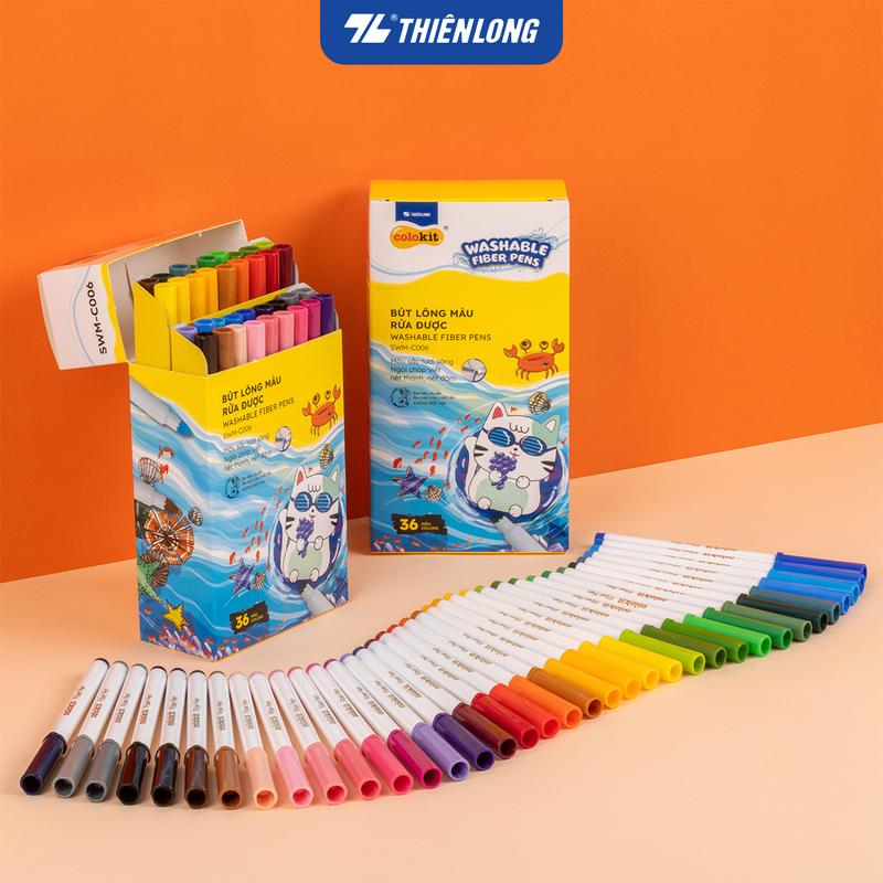 Bút Lông Màu Thiên Long Fiber Pen Washable SWM-C006 - 36 Màu- Viết Được Nét Mảnh Nét To- Mực rửa được