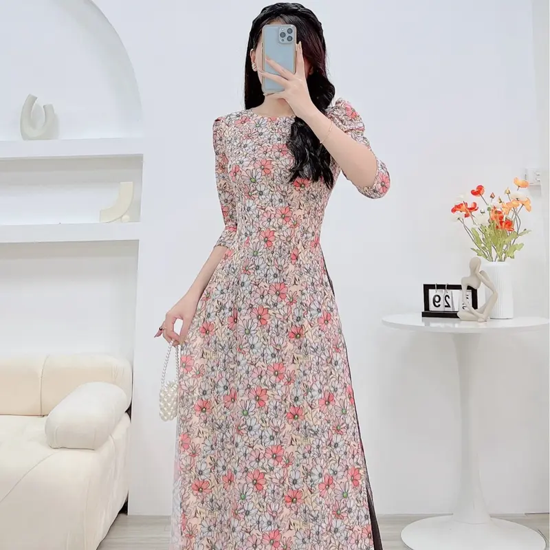 Áo dài hoa nhí lụa nhật in 6D - MÃ N24 Nữ Women Dress Nhung Sen Kem Voan Voi 2