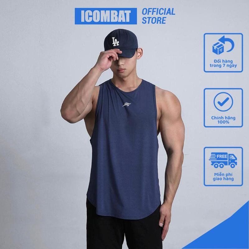 Áo tanktop nam khoét nách ICOMBAT® Drop Arm Tank thoáng khí có logo phản quang chuyên GYM Sport, Chạy bộ