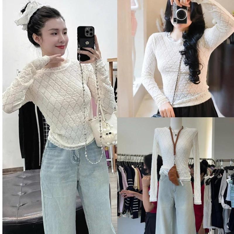  NEW Áo Ren Xốp Hoa Mỏng Cổ Tròn Dài Tay Diện Thu style Ulzzang