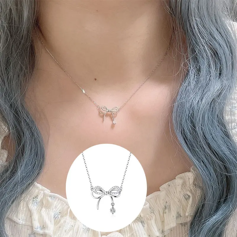 Kalung Perak Wanita dengan Liontin Pita & Busur Gaya Korea, Tampilan Elegan & Manis, Cocok untuk Gaya Sehari-hari