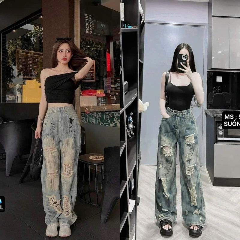 128_S-XXL 105-95cm Quần Jean Suông Rách( MÀU VÀNG RÁCH TRUỚC SAU MÀU XANH KO RÁCH SAU)  Bụi Loang Màu Cho Nữ Độ Dài Chạm Đất Khoá Kéo quân  jeannu Kem Women