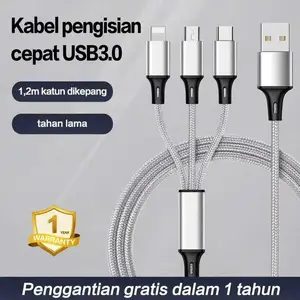 Kabel Data Pengisian Cepat 3-in-1 Antarmuka USB & Tipe-C Dukungan Pengisian Cepat Garansi 1 Tahun Kualitas Terbaik