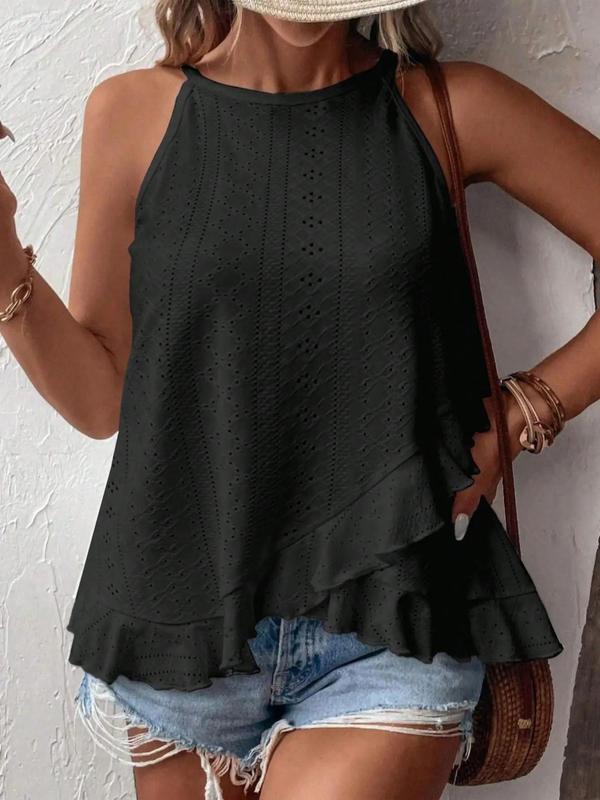 Plus Size Solid Eyelet Embroidery Lettuce Trim Ruffle Hem Halter Tank Top, Casual Sleeveless Top for Summer, Women's Plus Clothing for Daily Wear 2