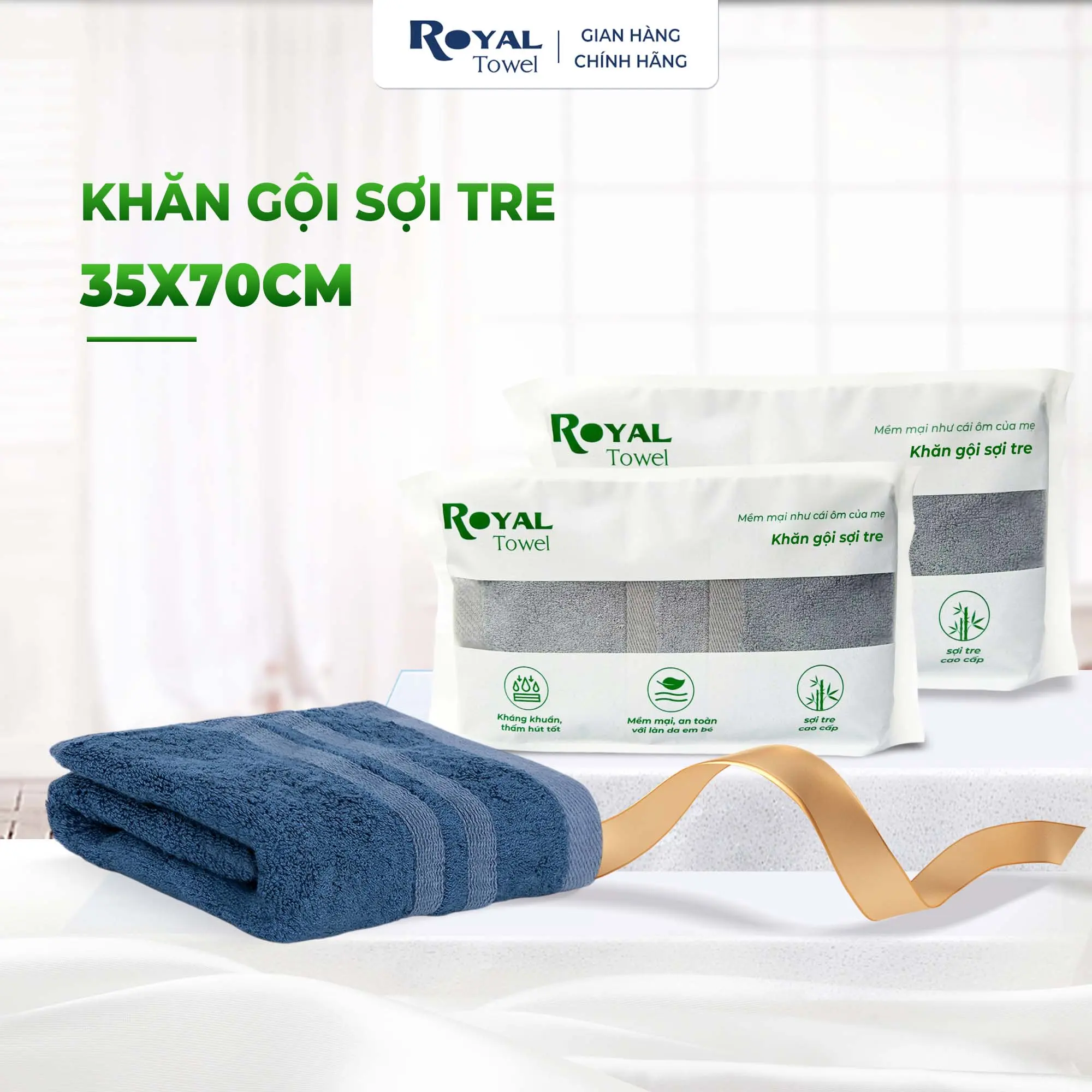 Khăn gội, khăn lau đầu sợi tre Royal Towel 35x70cm thấm hút tốt, không đổ lông, không ra màu