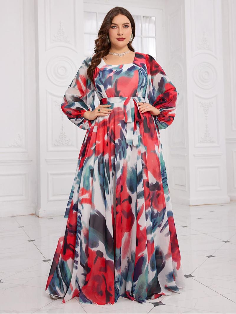 Product Introduction of 【Plus Size】 All Over Print Chiffon Dress, Elegant Evening Party Gown, Women's Clothes for Spring & Fall, Womenswear 3
