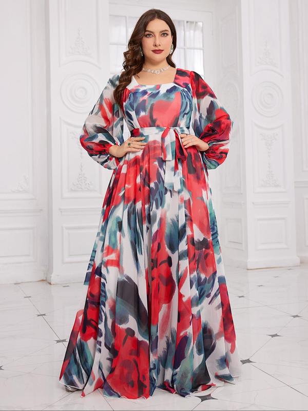 【Plus Size】 All Over Print Chiffon Dress, Elegant Evening Party Gown, Women's Clothes for Spring & Fall, Womenswear 2