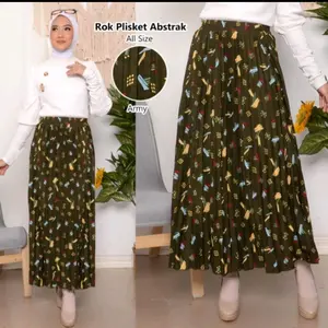 ROK PLISKET PANJANG MOTIF ABSTRAK BAHAN HYGET PREMIUM Karet Muslim Bawahan  Wanita Dewasa Katun Hitam Casual