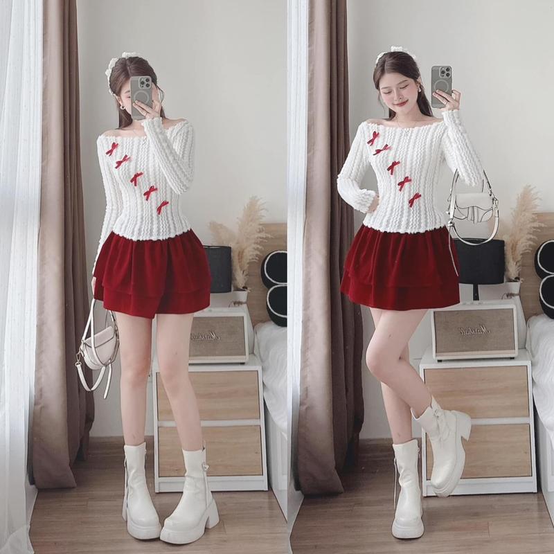 Áo trễ vai len mềm xinh, áo noel tết tiểu thư A387 Nữ Women 0