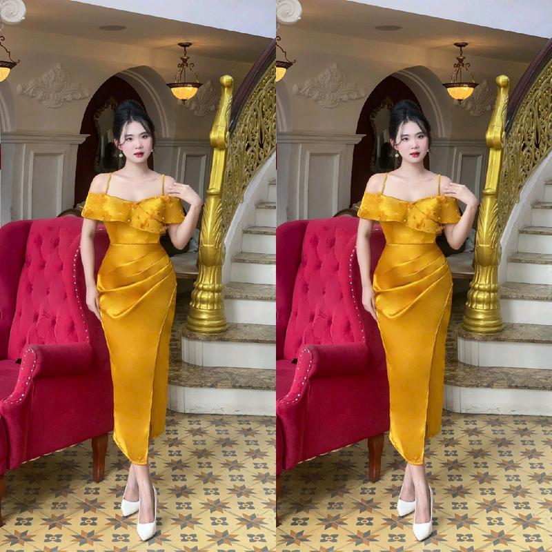 [NGA PHẠM 'DRESS] - ĐẦM BODY LỤA Nữ DỰ TIỆC TRỄ VAI KẾT HỒ ĐIỆP XẾP LY DÁNG NGẮN XẺ CHÂN -(5 màu) đỏ hồng váy dự tiệc 3