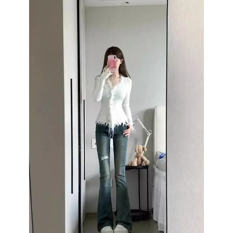 Đồ Len Cho Nữ, Cổ Chữ V Nhẹ Nhàng, Có Burr Và Tua Rua, Áo Cardigan Thanh Lịch, Hàng Mới Về Đầu Mùa Thu, Áo Lớp Cơ Sở 4