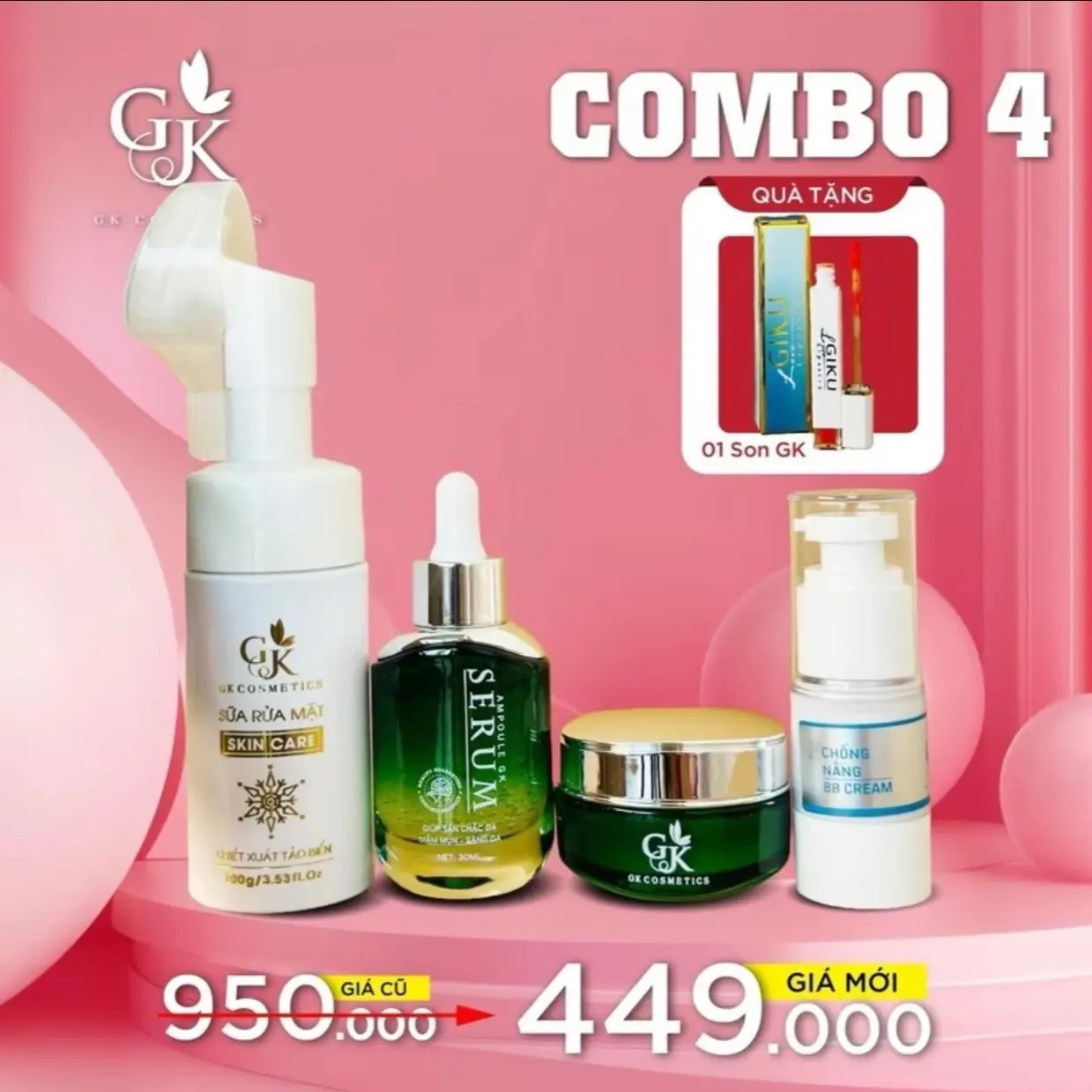 Combo Face GK 4 Món ( Kem Chống Nắng,Sửa Rửa Mặt,Kem Face,Serum Rau Má)-Tặng Kèm Son Dưỡng Gk
