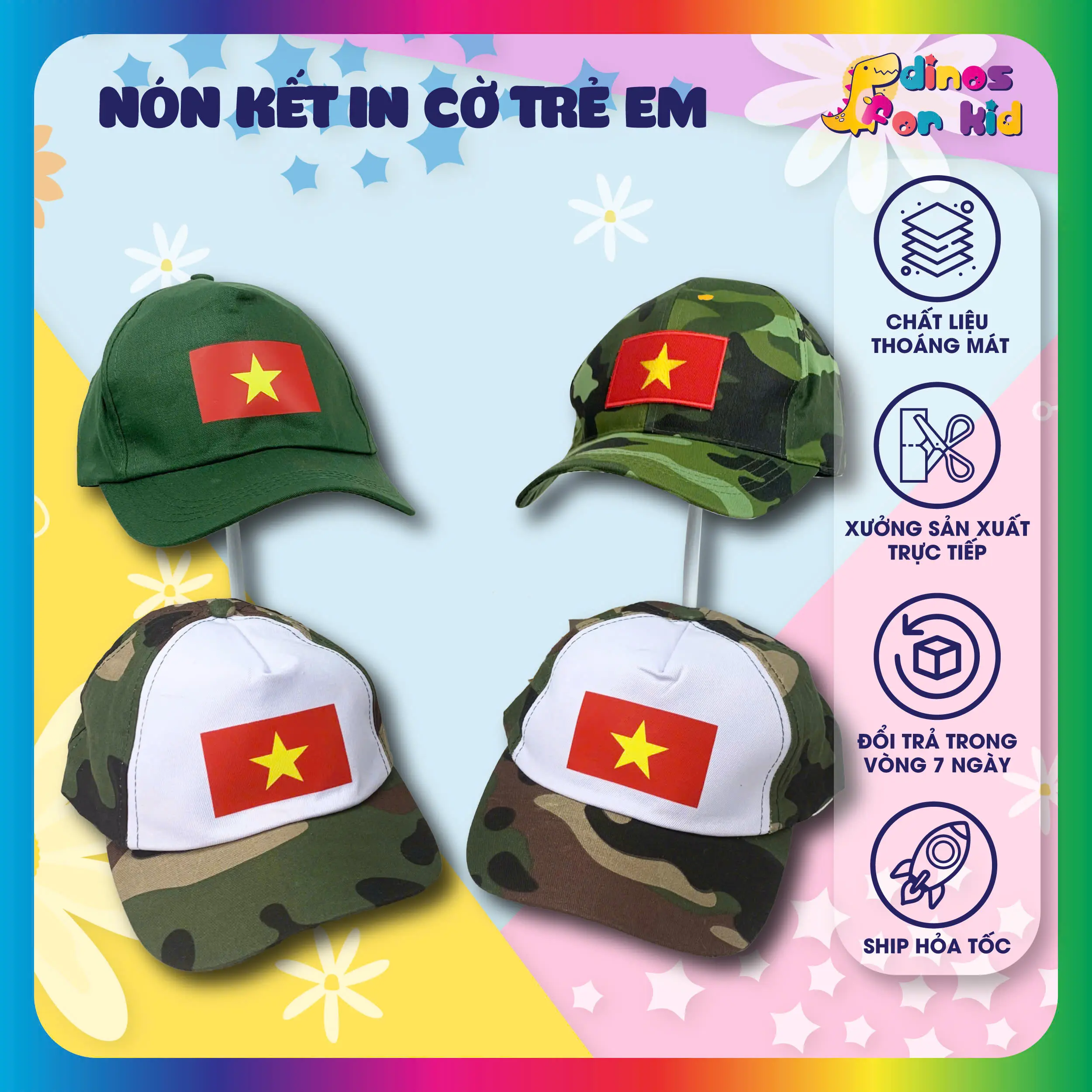 Mũ Lưỡi Trai Cho Bé Trai Bé Gái Nón Kết Trẻ Em In Hình Cờ Đỏ Sao Vàng Đội Che Nắng Đi Diễn Dày Dặn