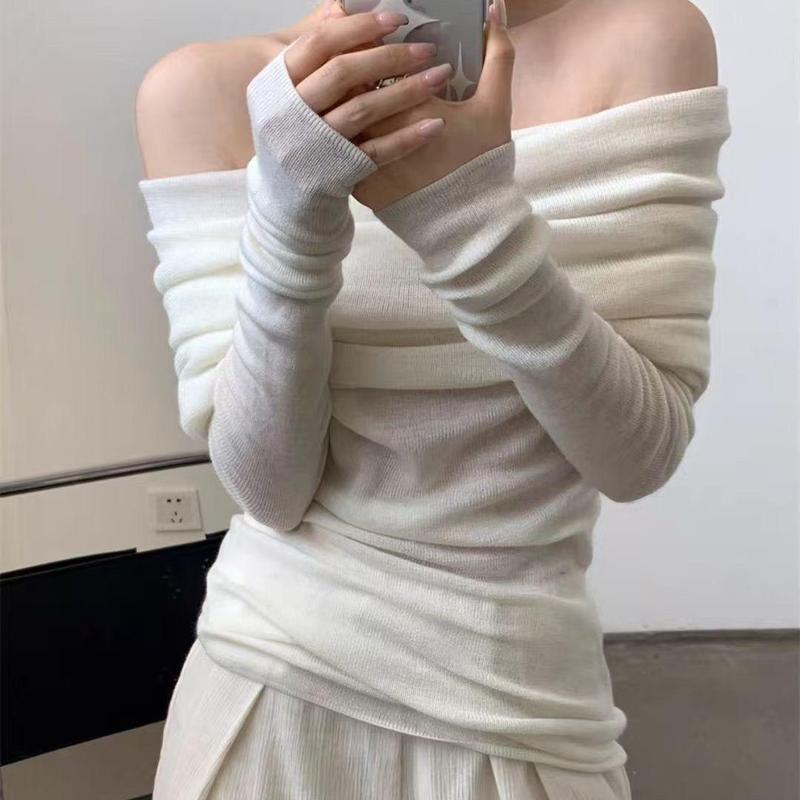 Áo len nữ trễ vai Nhún Bèo Chất Liệu Mỏng Nhẹ Thoáng mát áo dài tay rớt vai phong cách hàn quốc Camcloset Women Top Kem