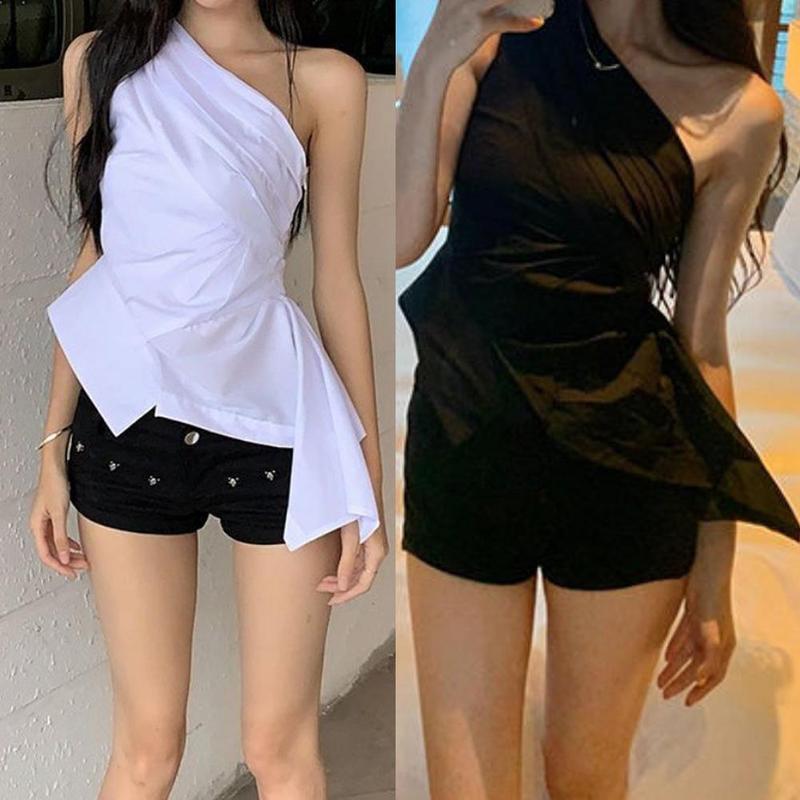 Product Introduction of Áo Sơ Mi Trắng Trễ Vai Thiết Kế Độc Đáo Bất Đối Xứng Dễ Thương Và Gợi Cảm, Áo Nữ, Thích Hợp Cho Mùa Hè 2024, Vai Nghiêng Xếp Ly, Dành Cho Bé Gái 17