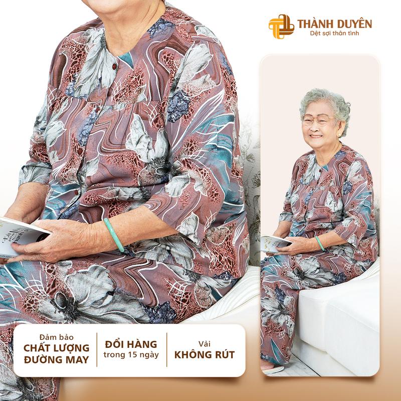  Đồ bộ cho bà mặc nhà Thành Duyên cổ tròn tay lỡ quần dài vải tole không rút thoáng mát - 1546TLD 