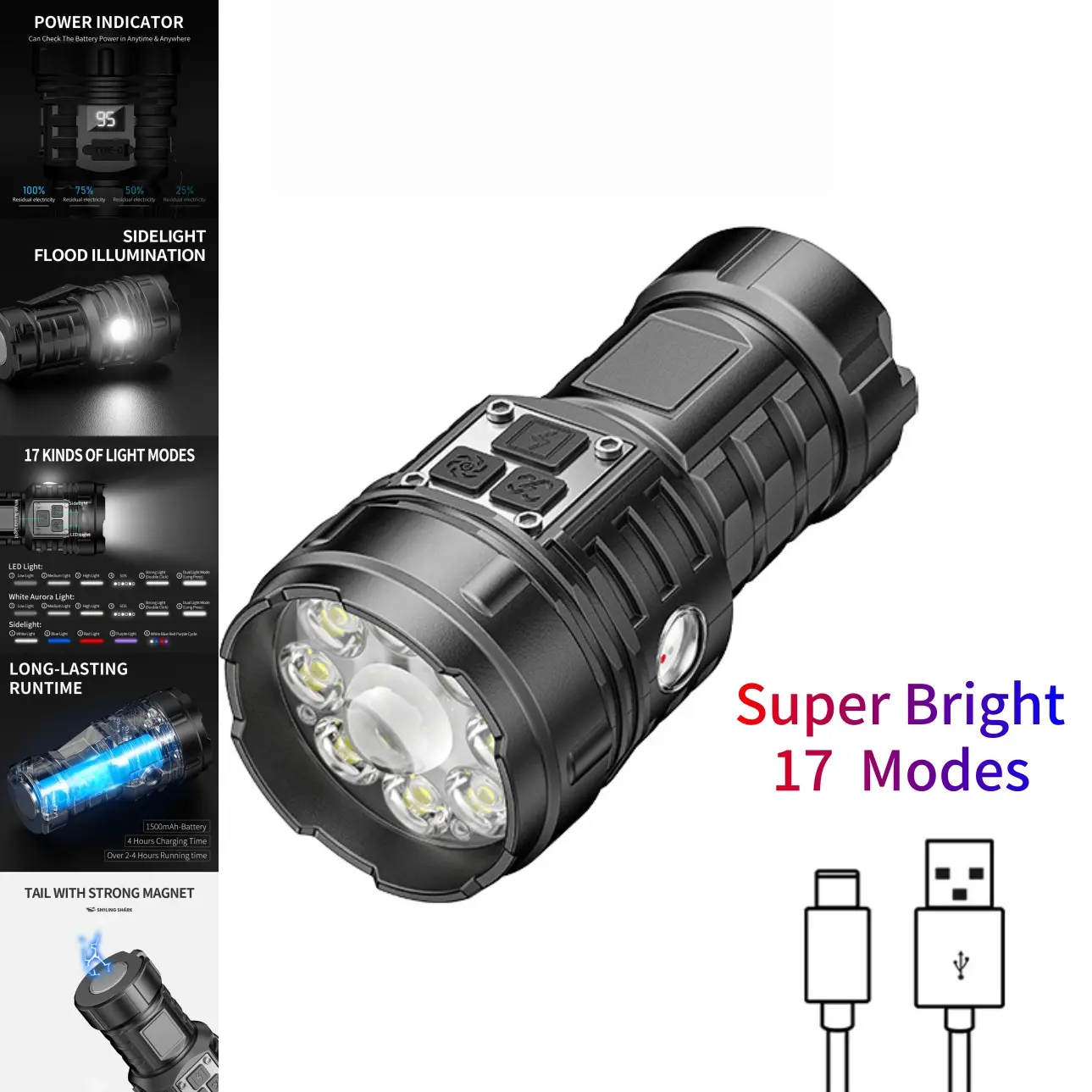 Mini high lumen strong light flashlight Rechargeable 17 modes tail magnetic clip flashlight Portable outdoor camping car maintenance multifunctional lighting with side lights