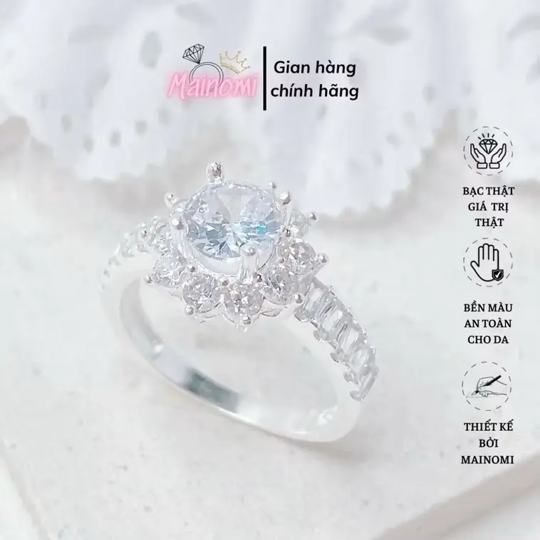 Nhẫn nữ Bạc ta đá cao hoa viền gết baget sang chảnh MAINOMI