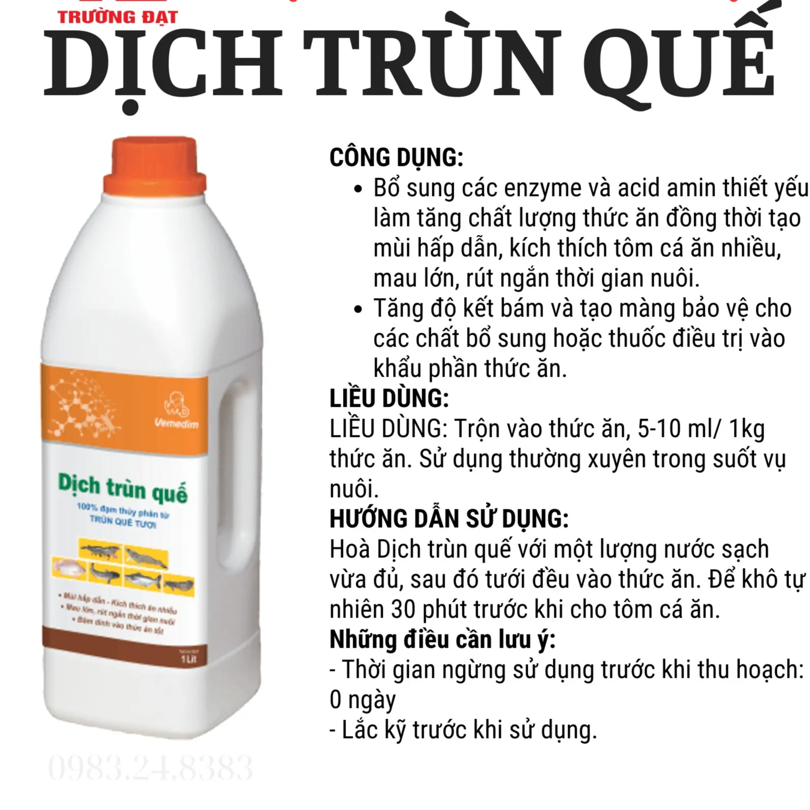 Vemedim Dịch trùn quế (thủy sản) - Bổ sung các enzyme và acid amin thiết yếu làm tăng chất lượng thức ăn đồng thời tạo mùi hấp dẫn, kích thích tôm cá ăn nhiều, mau lớn, rút ngắn thời gian nuôi.