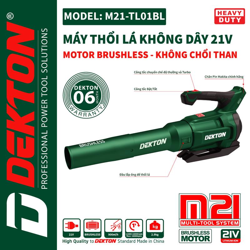 Máy Thổi Lá  Thổi Bụi Dekton / M21-TL01BL / Motor Brushless / Tốc Gió 180Km/h - Max 900 m3 / Chân Pin Makita Không dây