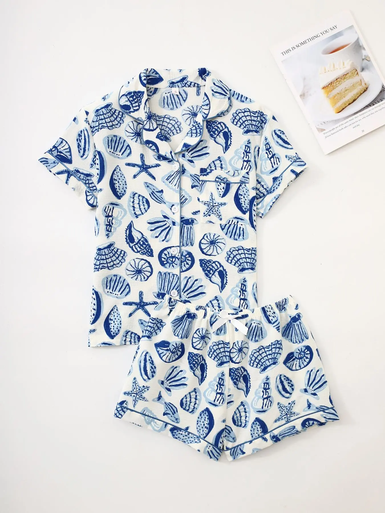 Women's All Over Print Shirt & Shorts Pyjama Two-piece Set, Casual Comfy Short Sleeve Collared Top & Shorts PJ Set, Ladies Summer Sleepwear, Loungewear