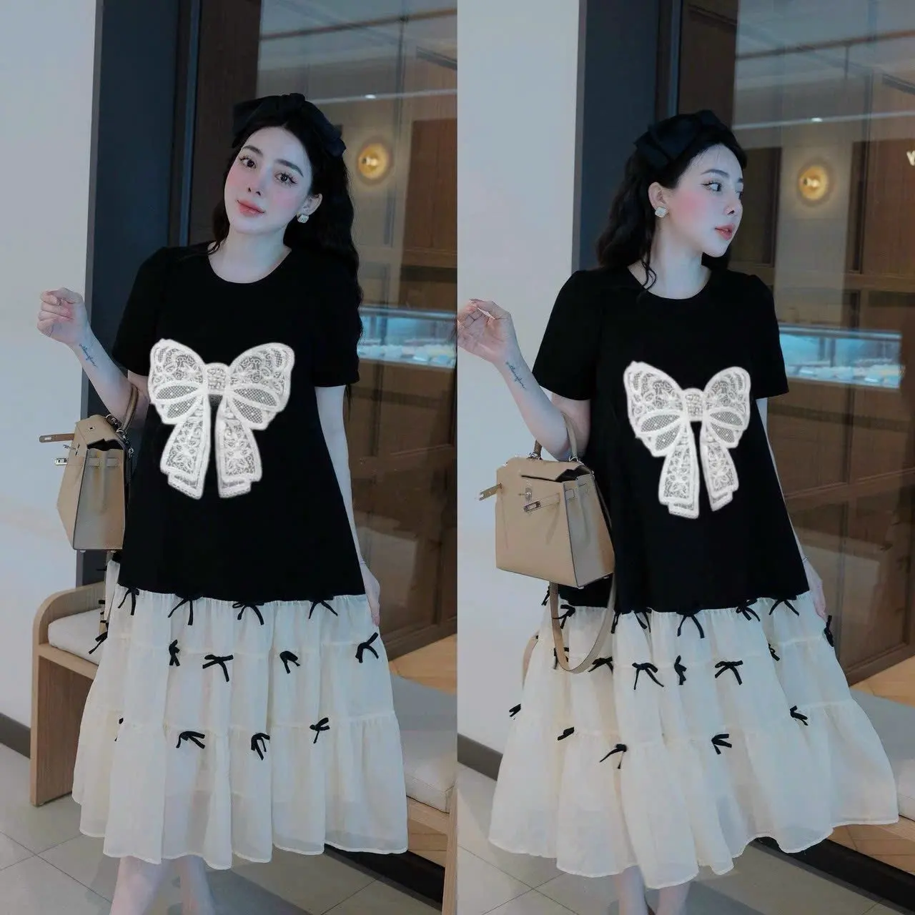 [MinnStudio] Váy xuông, váy babydoll chất Chéo Hàn phối chân voan tơ đính nơ trẻ trung (bầu mặc được) -VT35 Women