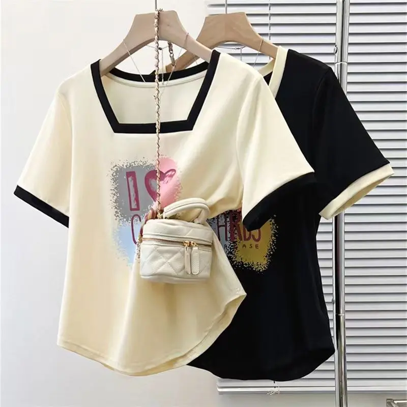 Quần Áo Nữ Ngoại Cỡ Áo Phông Ngắn Tay In Hình Trái Tim Vai, Hàng Mới Về, Áo Dáng Rộng Vừa Vặn, Thích Hợp Cho Mùa Hè Của Các Cô Gái Đầy Đặn, 150,00kg