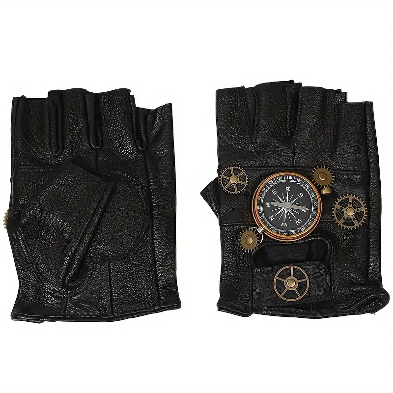 1pair Steampunk-Inspired Fingerless Gloves, Faux Leather With Metal Compass And Gears, Punk Rock Style, Rivet Accents, Halloween Cosplay Accessory 3