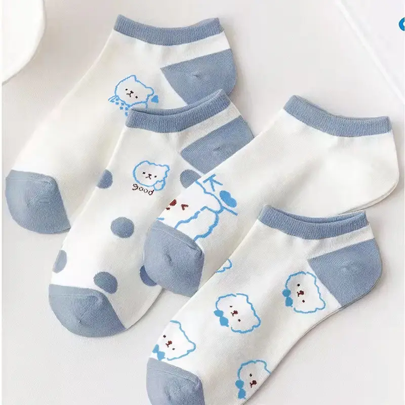 BISA COD K5703 Kaos Kaki Pendek Gaya Korea / Kaos Kaki Wanita Motif Beruang Biru Muda / Kaos Kaki Semata Kaki Beruang Biru Panjang Ankle Garis 1