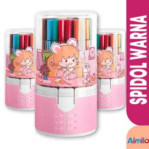 Aimilo - Spidol Warna Warni 1 Set Hexagonal Watercolor Marker Pen Isi 12/24 Warna - Set Spidol Mewarnai Anak Lengkap Tinta Biru Stationery Plastik