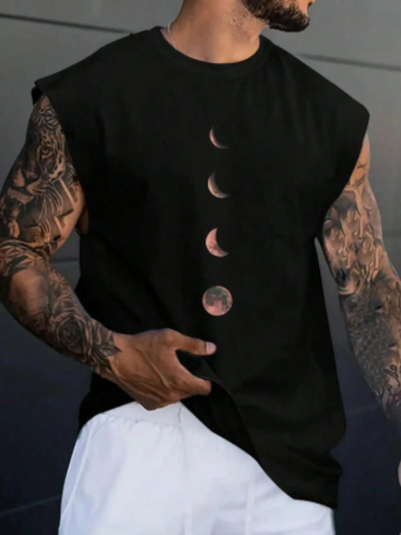 Men's Regular Fit Moon Print Round Neck Tank Top, Casual Sleeveless Crew Neck Top for Summer, Fashion Men's Clothes for Daily Wear