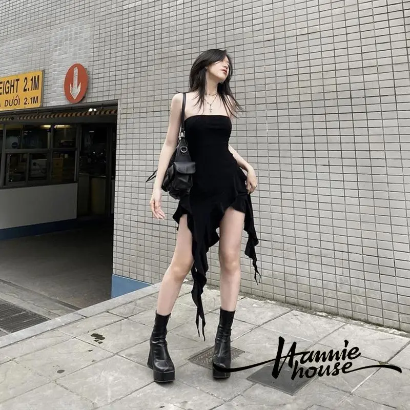 Đầm Nữ Bất Đối Xứng Hở Lưng, Có Bèo Nhún Và Trễ Vai, Thời Trang, Hannie