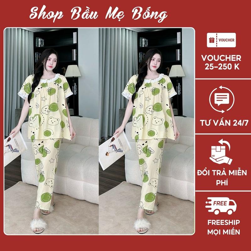 Bộ Mặc Bầu Và Sau Sinh Dáng Quần Dài Áo Cộc Babydoll Tôn Lanh 2 Da Thái Mềm Mịn, Thoáng Mát Freesize 42kg-72kg Dành Cho mẹ Bầu