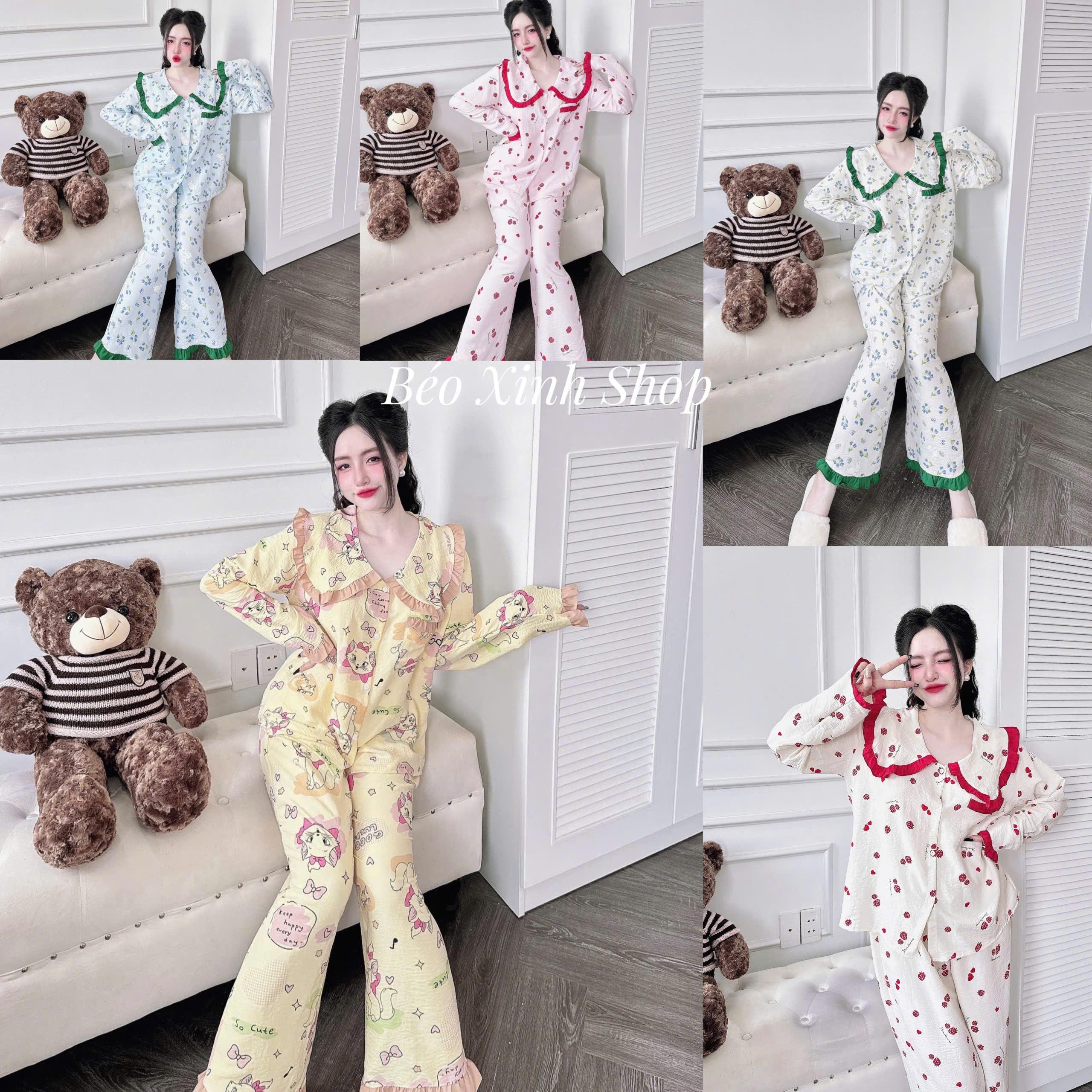 Đồ Bộ - Đồ Ngủ Tay Dài Quần Dài Vải Đũi Xốp Cotton Pijama Bigsize 50-100kg Bộ Ngủ Nữ Áo Ngủ Women Quần Ngủ - A.5631