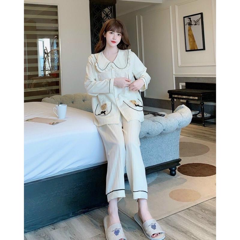 Bộ bầu-bộ sau sinh pijama viền bèo tay dài quần dài.áo có khoá ti,quần chun chỉnh 4